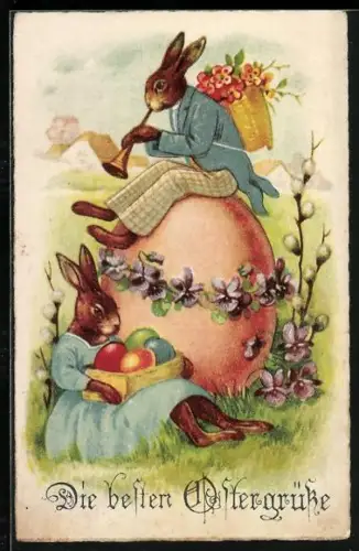 AK Osterhasen mit Ostereiern auf einer Wiese