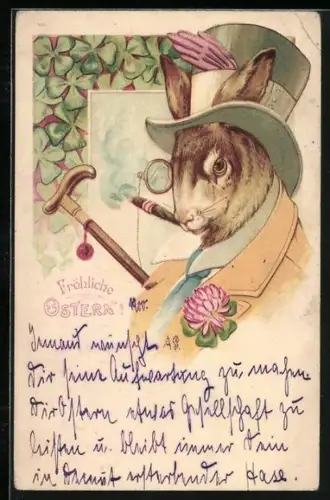 AK Osterhase mit Zylinder und Monokel