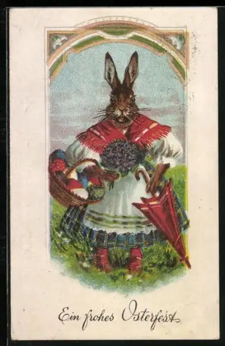 AK Osterhase mit Ostereiern und Schirm
