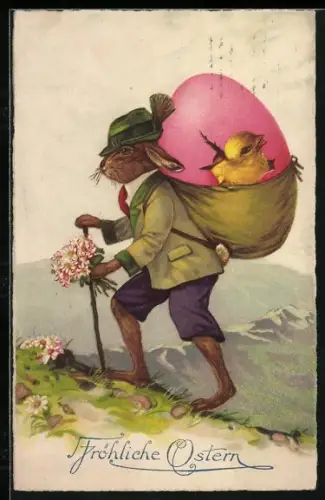 AK Osterhase mit grossem Osterei auf dem Rücken