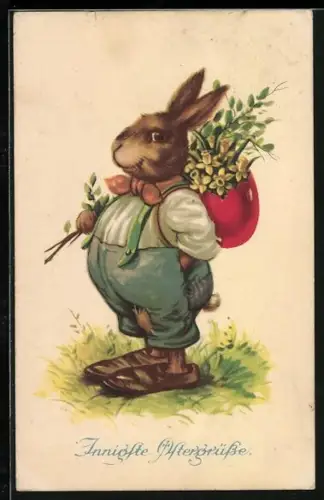 AK Osterhase mit Osterei und Blumen