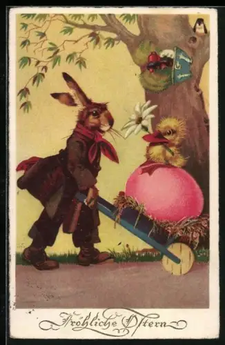 AK Frohe Ostern, Osterhase schiebt ein buntes Ei mit Küken auf dem Karren