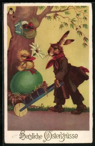 AK Osterhase mit Osterei in einer Schubkarre