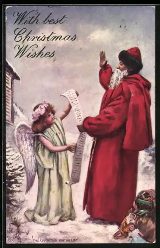 AK Weihnachtsmann mit Engelchen und Wunschliste