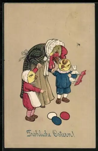AK Osterküken mit ihrer Mutter und Ostereiern