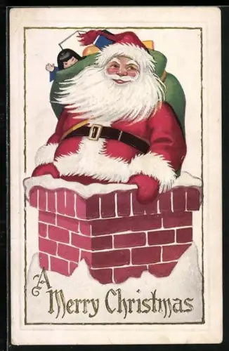 AK Weihnachtsmann mit Geschenken in einem Schornstein