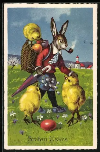 AK Osterhase mit Korb voller Ostereier und Schirm