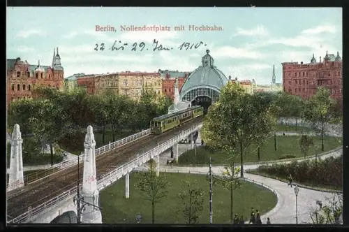 AK Berlin-Schöneberg, Hochbahnhof mit Bahn und Grünanlagen am Nollendorfplatz