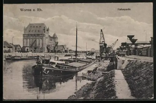 AK Worms a. Rh., Hafenpartie