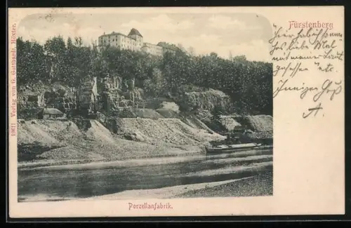AK Fürstenberg / Weser, Flusspartie mit Porzellanfabrik