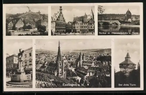 AK Esslingen a. N., Ortsansicht, Marktplatz mit Burg, Der dicke Turm, Altes Rathaus
