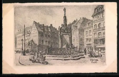 Künstler-AK Mainz, Der belebte Markt