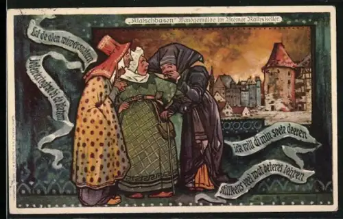 Künstler-AK Bremen, Wandgemälde im Bremer Rathskeller, Klatschbasen, Ortsansicht