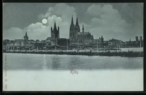Mondschein-AK Köln, Blick über den Rhein auf die Stadt