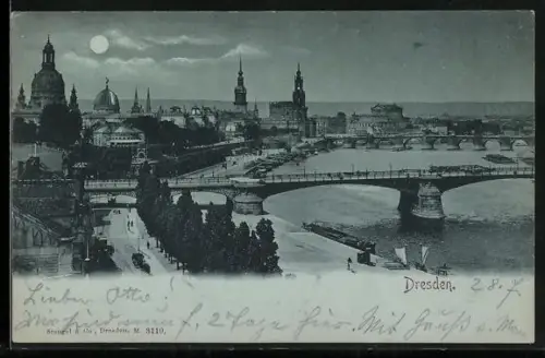 Mondschein-AK Dresden, Flusspartie mit Innenstadt
