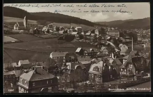 AK Brunndöbra, Ortspartie mit Schule und Kirche