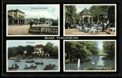 AK Bad Nauheim, Die Kurhausterrasse, Der Musikpavillon, Der kleine Teich mit Teichhaus