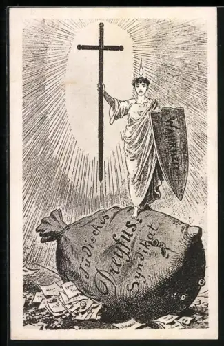 Künstler-AK Dreyfus-Affäre, Allegorische Frauengestalt mit Kreuz und Wahrheitsschild