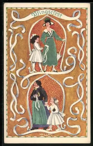 Künstler-AK Wilhelm List: Junge Mütter mit ihren zwei Kindern in weissen Kleidern