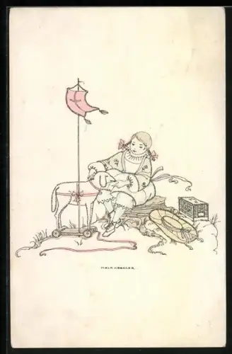 Künstler-AK Mela Köhler: Mädchen mit Osterlamm Spielzeug