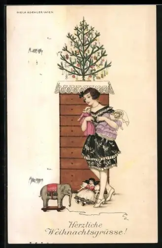 Künstler-AK Mela Köhler: Mädchen mit Puppen und Elefanten-Spielzeug vor einem Weihnachtsbaum