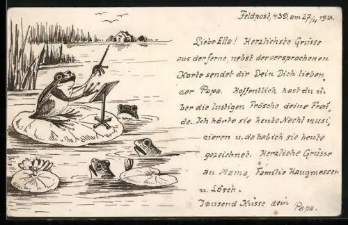 Künstler-AK Handgemalt: Froschkonzert auf einem Teich