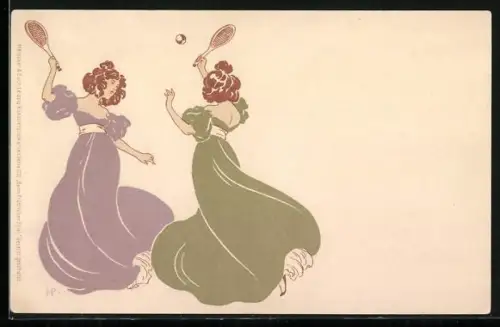 Künstler-AK Meissner & Buch (M&B) Nr. 1112: Zwei Frauen im Kleid beim Tennis