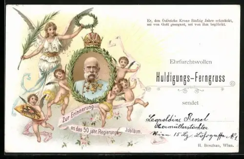 Lithographie Engel mit Portrait von Kaiser Franz Josef I. von Österreich, 50 jähriges Regierungs-Jubiläum 1898