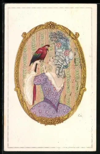 Künstler-AK August Patek: Dame in Rococo Kleidung mit Papagei