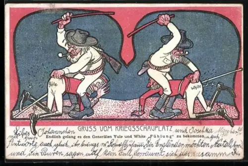 Künstler-AK Burenkrieger verprügeln die englischen Generäle Yule und White