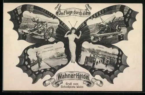 Schmetterlings-AK Köln-Wahn, Ansichten vom Schiessplatz Wahner Heide auf Schmetterlingsflügeln