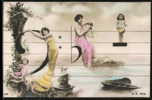Foto-AK A.Noyer NR 305: Musizierende Frauen und Kinder auf einer Partitur
