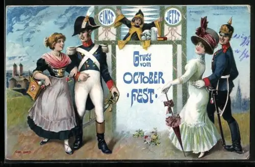 Künstler-AK München, Soldaten und Frauen beim Oktoberfest, Münchener Kindl mit Bierkrug und Rüben