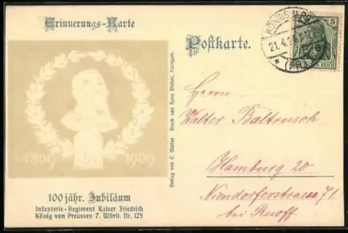 Präge-AK 100 jähr. Jubiläum Infanterie-Regiment Kaiser Friedrich 1909, Büste in Kranz aus Eichenlaub