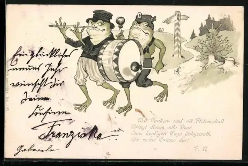 Lithographie Musizierende Frösche auf einem Weg