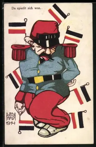 AK Da spiesst sich was, Franzose in Uniform mit deutschen Fahnen bespickt