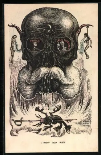 Künstler-AK sign. Alberto Martini: Tolti dalla Danza Macabra Europea, L`Impero della Morte, Kaiser Franz Josef I.