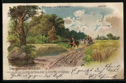 Lithographie Königskutsche beim Ausritt, Der gestiefelte Kater ist Ihnen voraus, Halt gegen das Licht