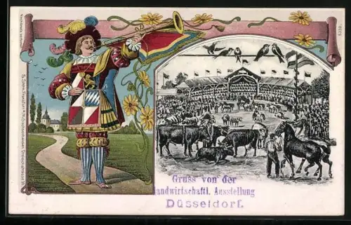 Künstler-AK Düsseldorf, Landwirtschaftl. Ausstellung, Trompeter in festlicher Kleidung