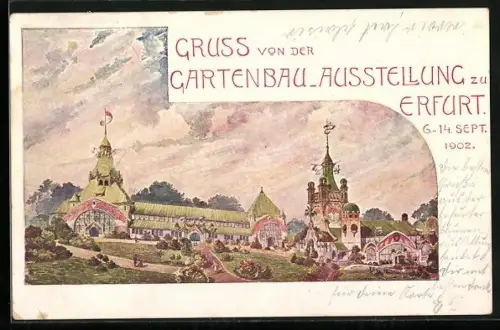 Künstler-AK Erfurt, Gartenbau-Ausstellung 1902 - Blick auf das Ausstellungsgelände
