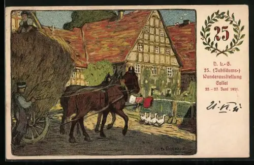 Künstler-AK Cassel, 25. Jubiläums-Wanderausstellung der DLG 1911, bei der Heuernte