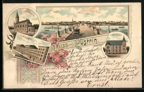 Lithographie Cüstrin, Post-Gebäude, Die neuen Caserne, Friedenskirche