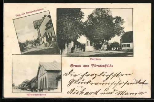 AK Fürstenfelde, Pfarrhaus, Post mit Bahnhofstrasse, Bärwalderstrasse