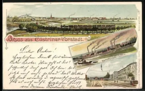 Lithographie Cuestrin / Kostrzyn, Ortsansicht aus der Ferne, Kartoffelmehlfabrik, Bahnhofstrasse