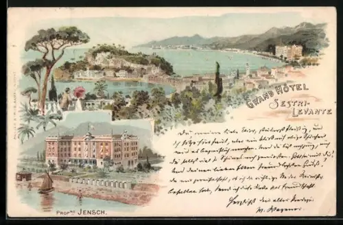 Lithographie Sestri-Levante, Grand Hotel von Jensch, Orts-Panorama