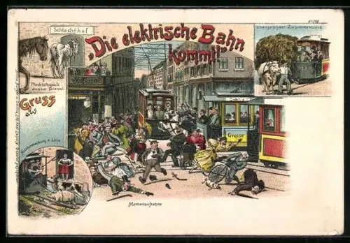 Lithographie Die elektrische Bahn kommt, Strassenbahn