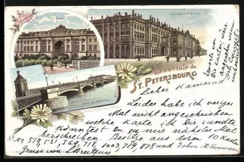 Lithographie St. Petersburg, Winterpalais, Senat, Nikolai-Brücke