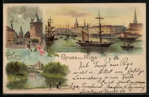 Lithographie Riga, Dünaquai, Pulverthurm, Stadtcanal