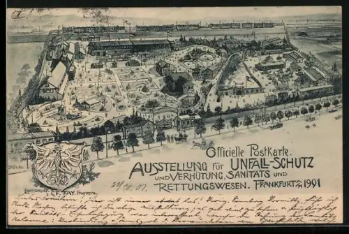 Lithographie Frankfurt a. M., Ausstellung für Unfall-Schutz, Verhütung, Sanitäts- und Rettungswesen 1901, Wappen