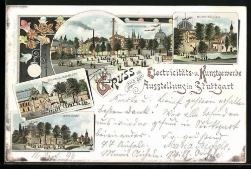 Lithographie P11 D18 /03: Stuttgart, Elektrizitäs- und Kunstgewerbe Ausstellung, Gewerbedorf